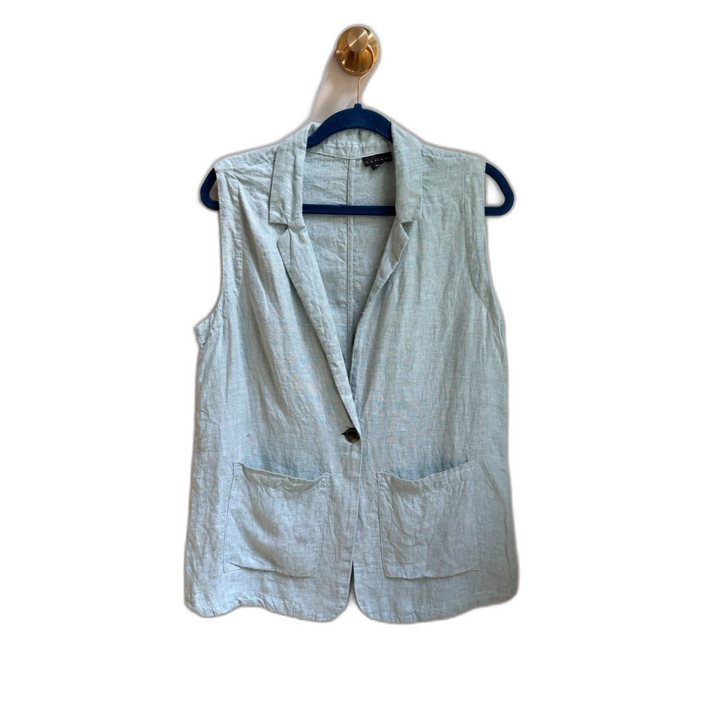 Tahari Womens 100% Linen Sleeveless Blazer Vest Mint Green Business Casual
